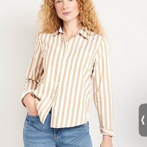 NWT Old Navy Beige and White Vertical Stripe Button-Down Shirt L-Tall
